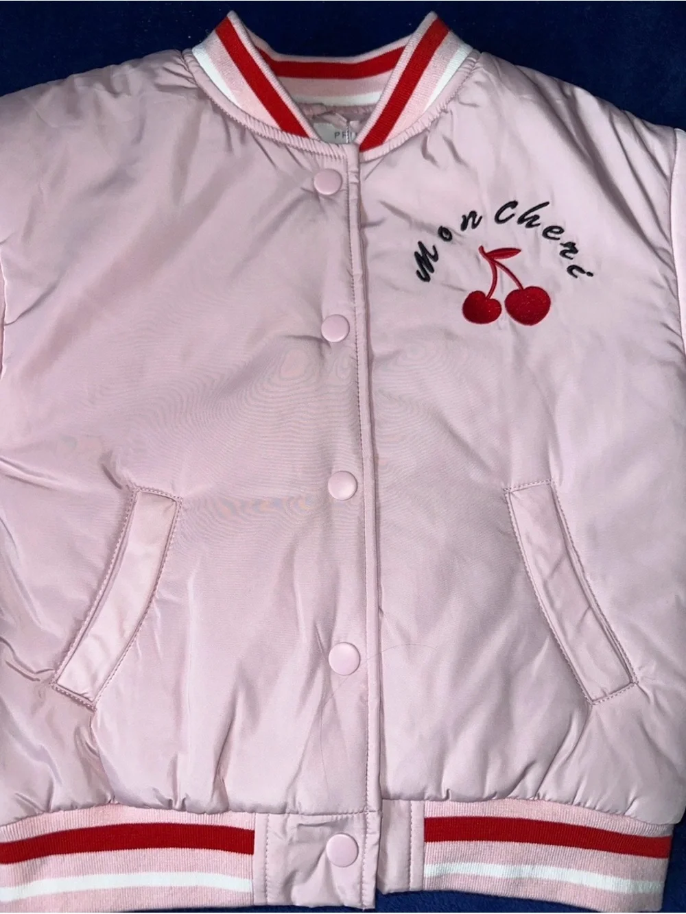 New Primark Cherry Mon Cheri Bomber Jacket Light Pink Red 6-7 Years NWT